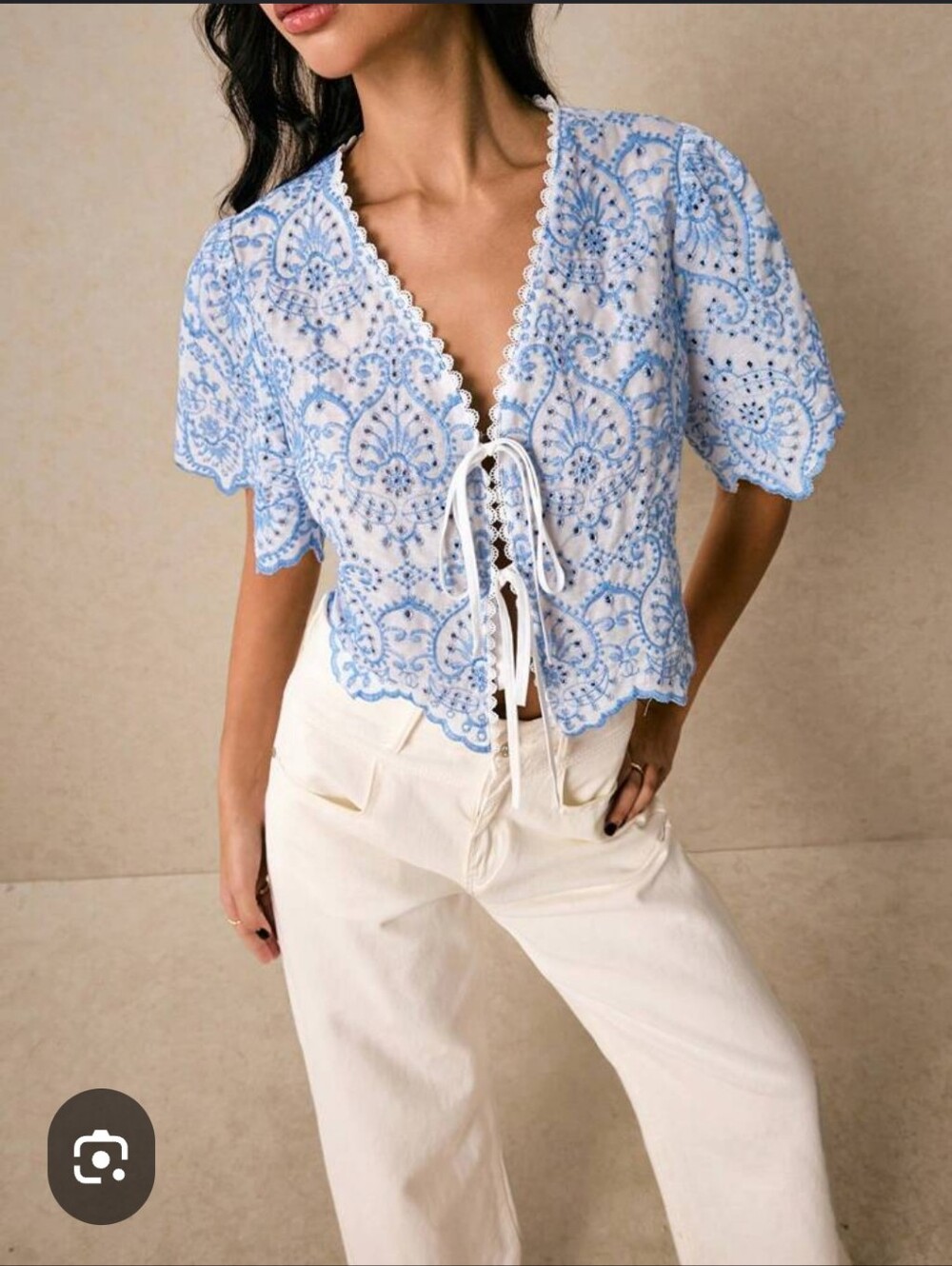 Light Blue Embroidered Tie-Front Crochet Blouse